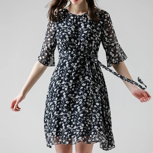 Women's Summer Dress 100% Silk Korean Fashion Mid-sleeve A-line Floral Streetwear Dresses Ladies Elegant Designer Clothes Xhl168