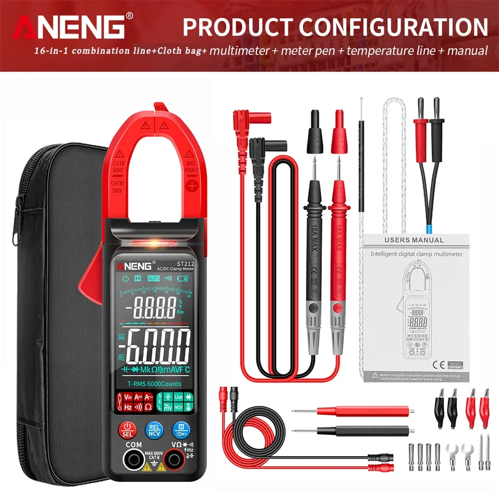 ANENG ST212 DC/AC-stroom digitale stroomtang 6000 tellingen 400A Amp multimeter Groot kleurenscherm Spanningstester Auto Hz NCV Ohm