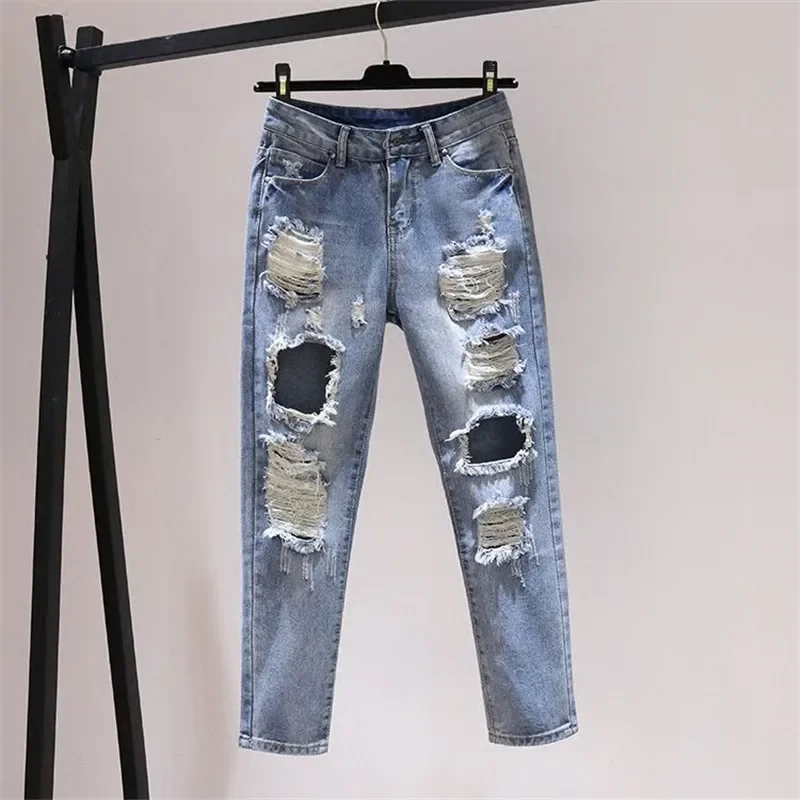 

Hole Jeans Women Spring Summer New Loose Bf High Waist Denim Pants Women Straight Nine Points Harem Cowboy Trousers A248