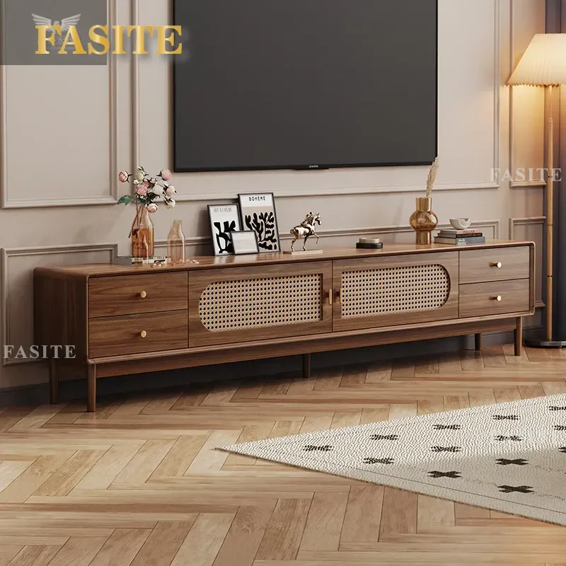 For Small Apartment Living Room Solid Wood Retro Rattan TV Cabinet Chinese Nordic Style Simple Frame Home Coffee Table Set
