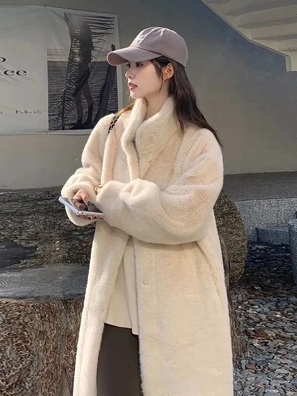 Casaco Feminino de Pele Ecológica de Coelho Aquático com Gola Longa, Veludo de Mink, Quente, Cor Pura, Casual