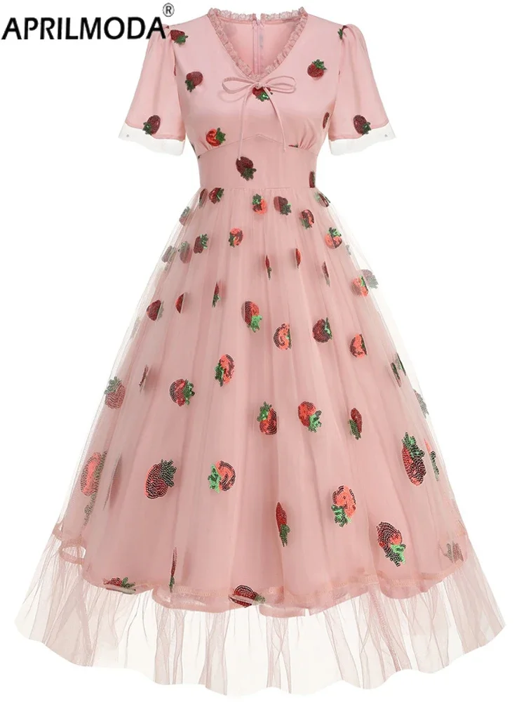 

2025 Sequins Mesh Patchwork Vintage Cocktail Dress Elegant Pink 50s 60s Short Sleeve V Neck Summer Beach Holiday Evening Dresses