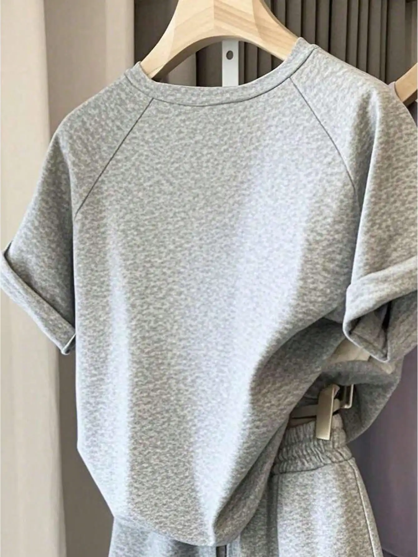 Women's Gray Cherry Print Casual 2-Piece Set with Rolled Sleeves, Summer Lounge Wear