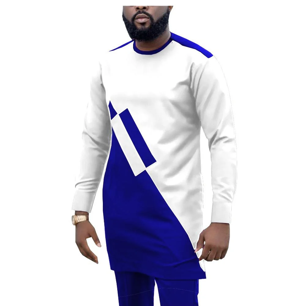 

African Ethnic Long Sleeve Men's Wedding Suit Top Pants Set 2022 Brand New Striped Printed Africa Clothing Man Casual Two-piece