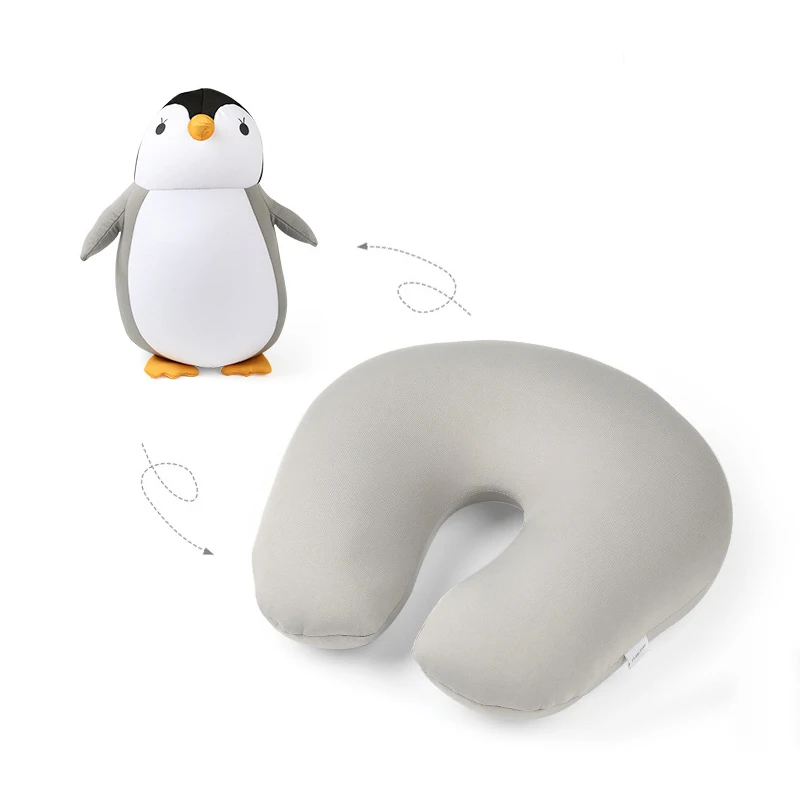 1PCS Gray 30cm Penguin U-Shaped Cartoon Deformation Pillow Dual-Purpose Particle Neck Protection Pillow