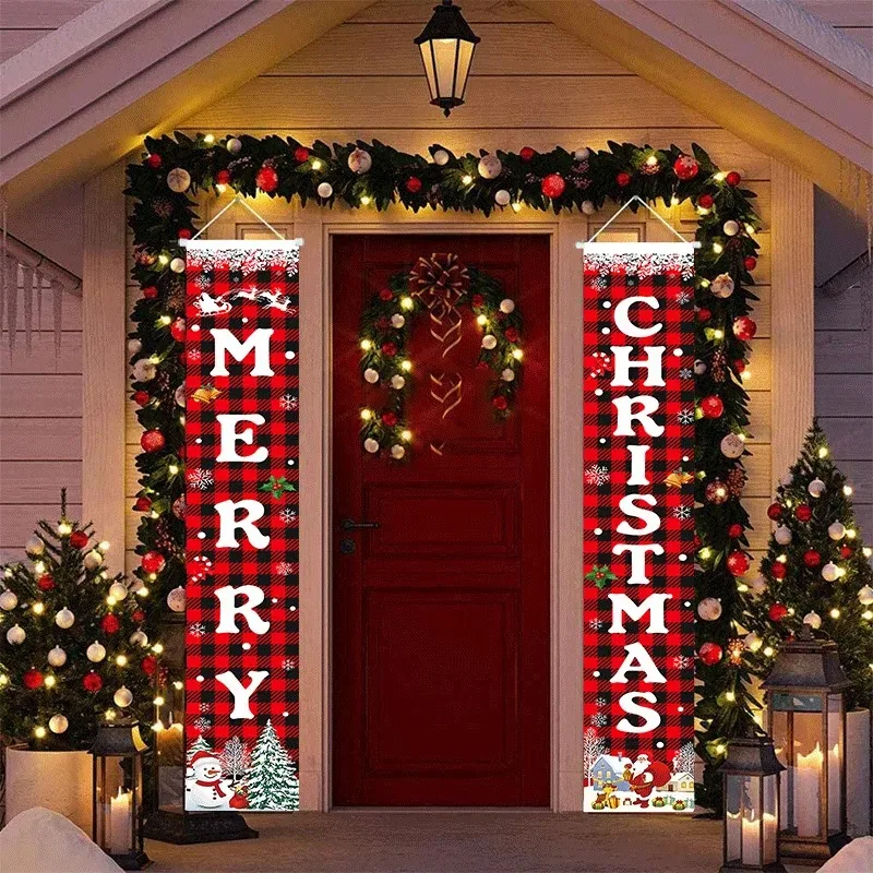 

Merry Christmas Happy New Year Plaid Signs Digital Printing Porch Banner Decor for Home Front Door Fireplace Holiday Party Decor