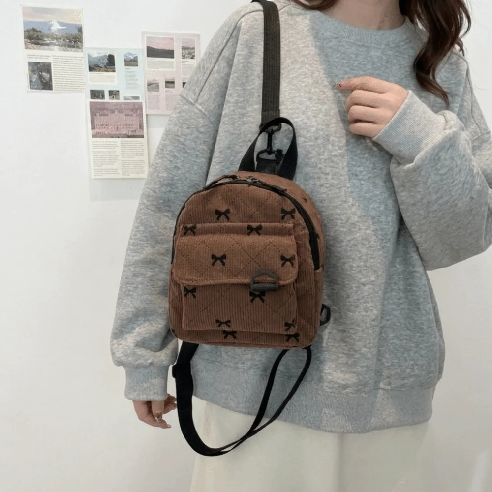Cute Corduroy Mini Backpack Lightweight Multi Layered Bow Rucksack Zipper Bowknot Printed Shoulder Bag Teen Girls