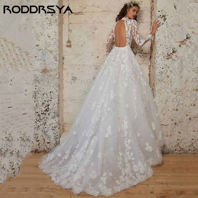 RODDRSYA-Vestidos De Novia De manga larga con cuello alto, Vestidos De princesa De tul con corte en A, encaje Sexy sin espalda, fiesta nupcial, 2024 Vestidos De Novia De manga larga con cuello alto, Vestidos De princes