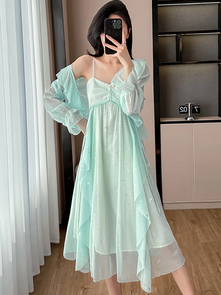 2025 Green Sequins Chic Ruffled Sling Long Dress+Long Sleeve Blouses Two Piece Sets Women Summer Elegant Casual Holiday Dresses