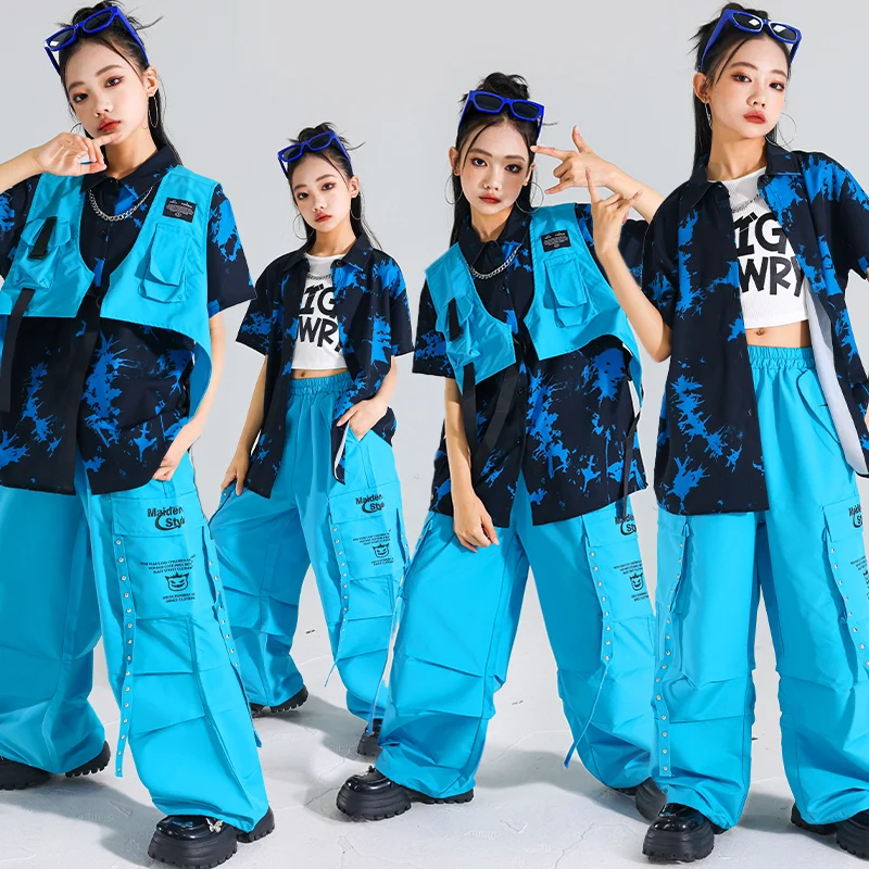 Ragazzi Hip Hop T-shirt a contrasto Gilet blu Pantaloni della tuta Ragazze Street Dance Jazz Costume Abbigliamento per bambini Set Bambini K-pop Streetwear