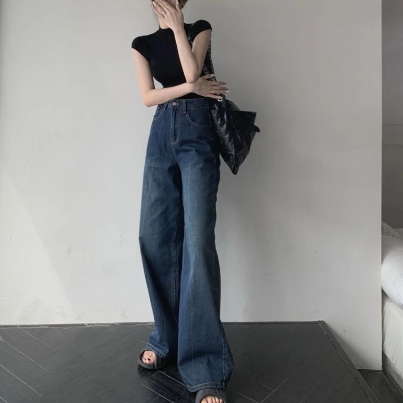 Solid Jeans Women Spring Girls Simple High Waist Loose Causal All-match Ulzzang Mopping Designed Slender American Style Retro