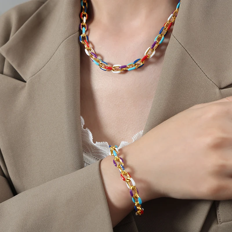Liora Heavy 316L Stainless Steel O Chain Necklace Bracelet For Women Men Colorful Enamel Link Charm Waterproof Jewelry Sets