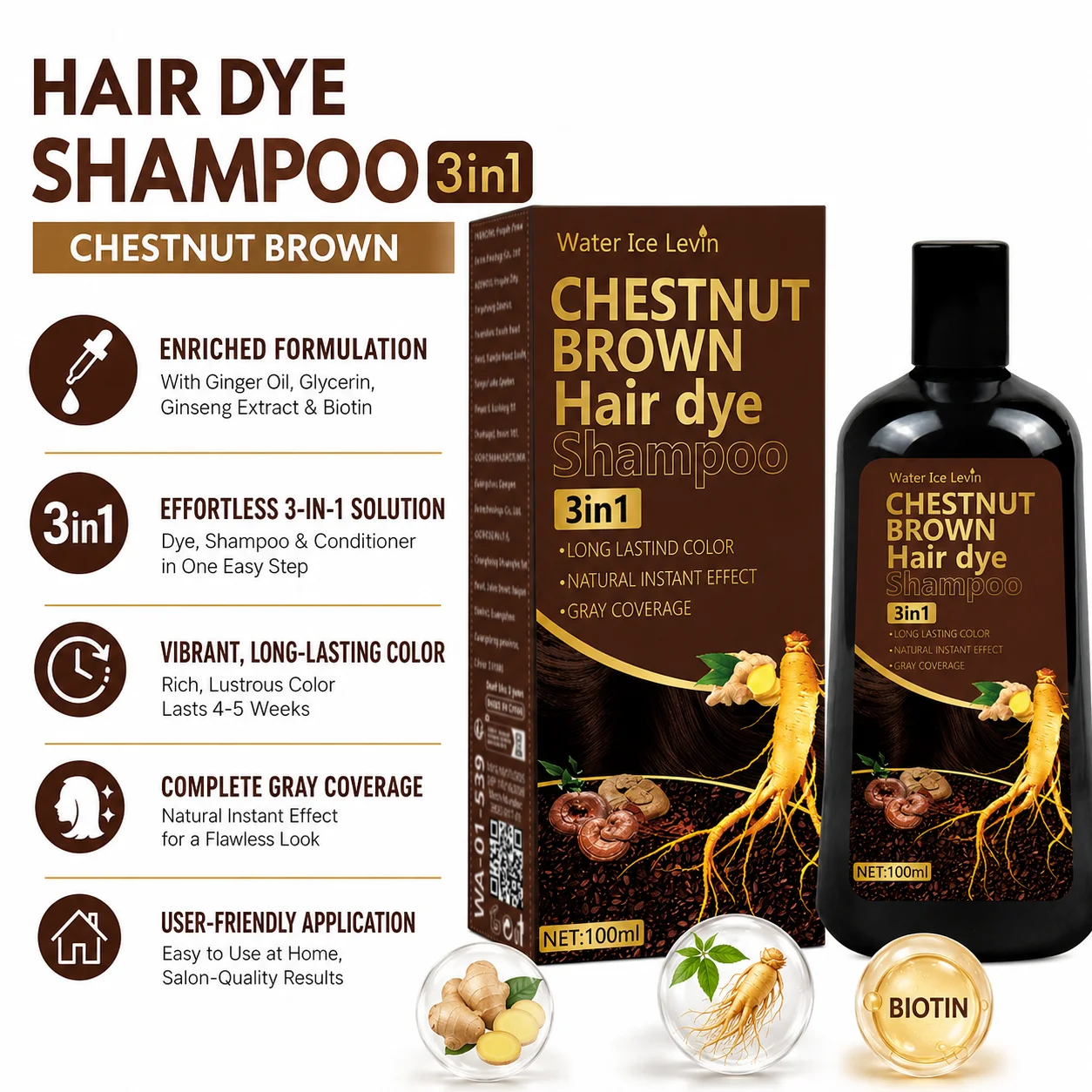 Brown Hair Color Shampoo 3 in 1 Fast hair Dye Shampoo For Gray Hair Natural Hair Color Protective Sleeve for Women Men 100ml