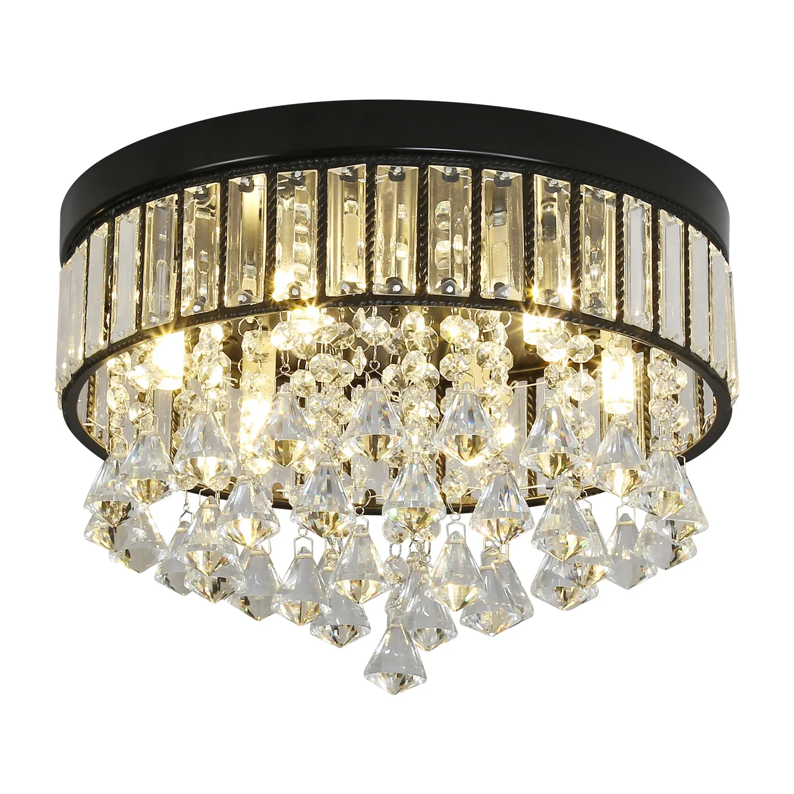 

Modern Round Ceiling Pendant Light with Crystals, Black Hardware, G9 Bulb Holders, Electroplated Finish for Home Decoration