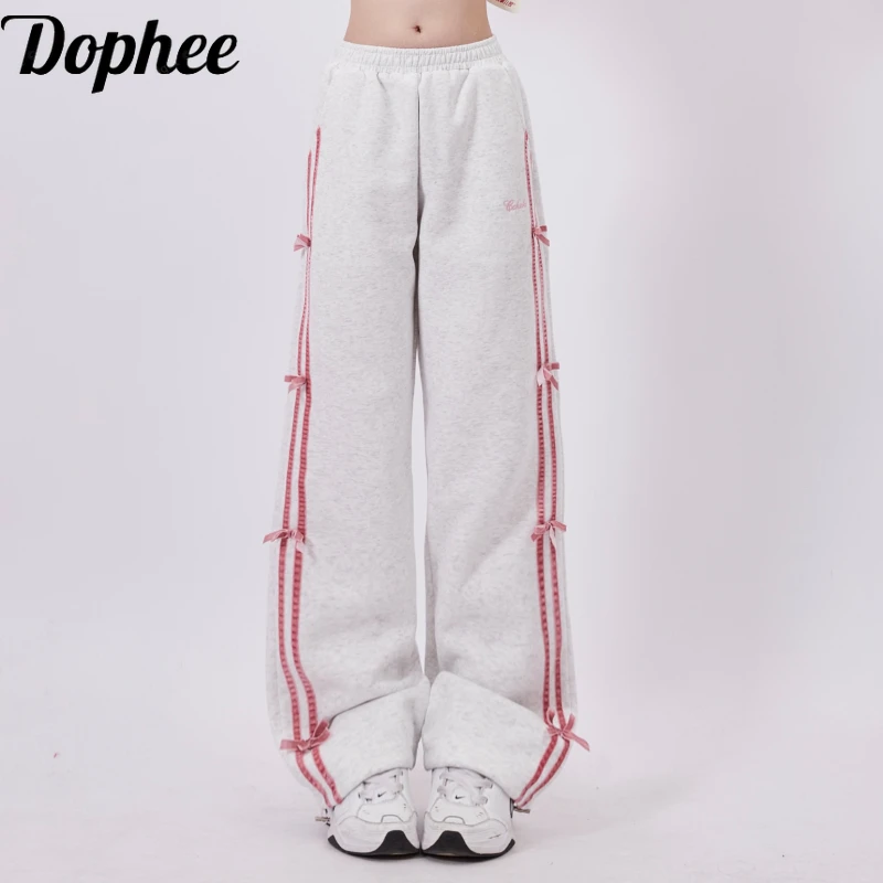 

Dophee Summer Women Sweatpants Spice Girls Stripes Bow Elastic Waist Casual Straight Pants All-match Casual Sport Trousers Grey