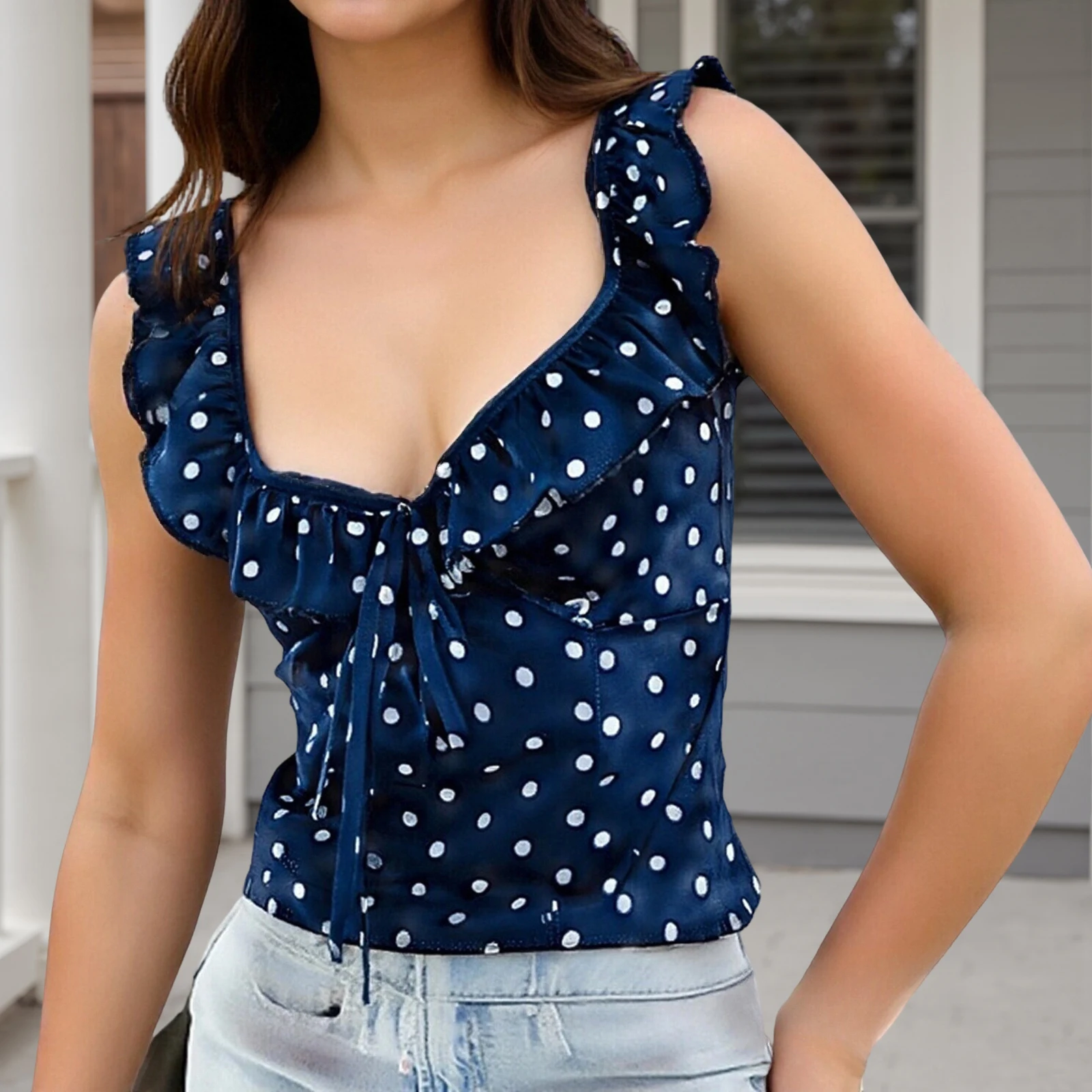 女性 キャミソール ノースリーブ トップス ローカット バックレス ドット プリント フィット サマー ベスト パーティー クラブ用