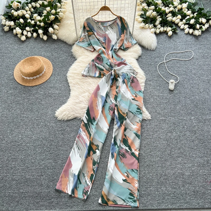 

Printed Women Summer Fashion Two Piece Suits Short Sleeve Top+Wide Leg Long Pants Streetwear Ladies Suits Two Piece Sets Outfits