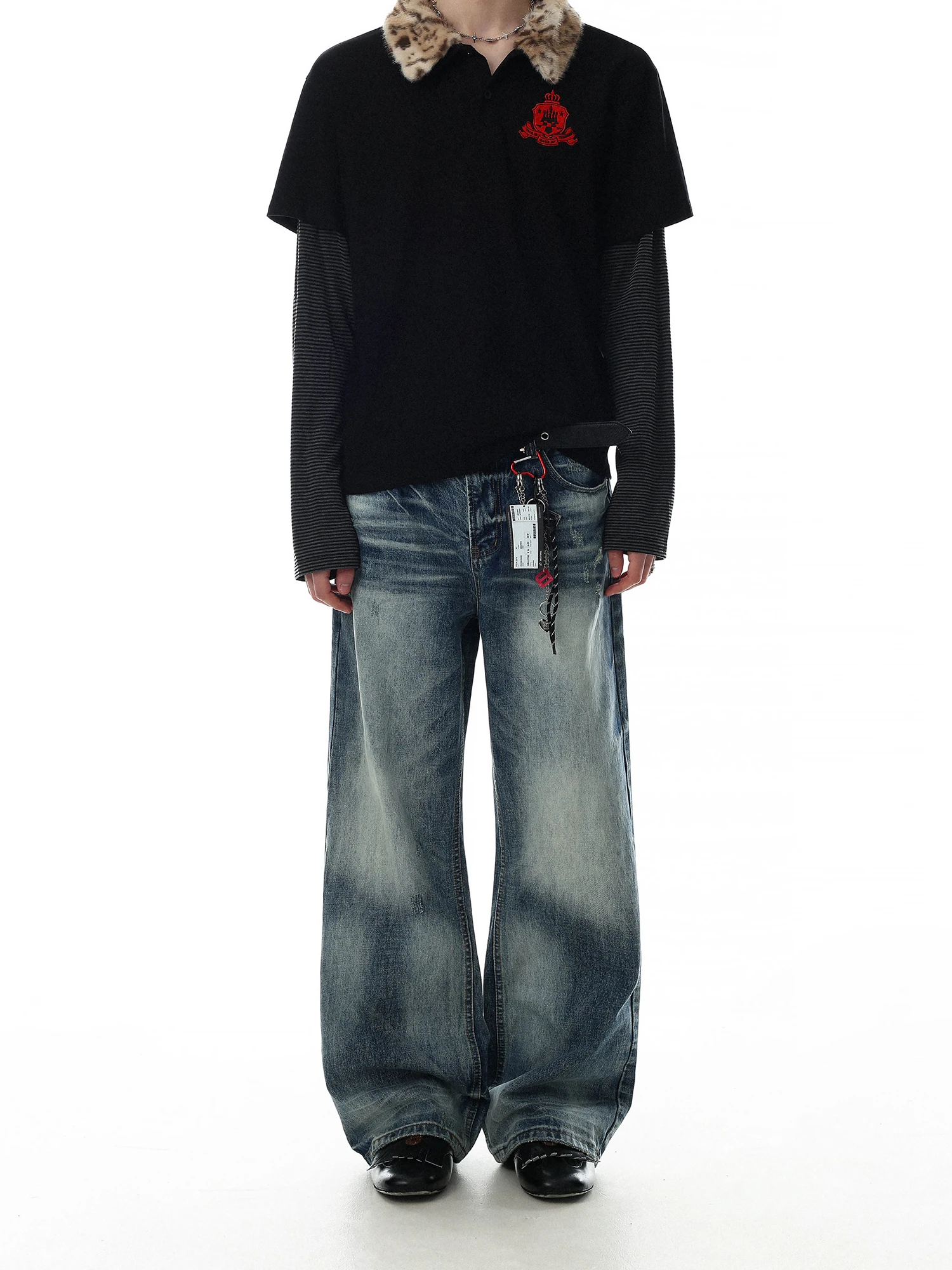 Retro American Washed Distressed Jeans Loose Straight Leg Lightning Pattern Long Trousers Trendy Unisex Cotton Blend Denim