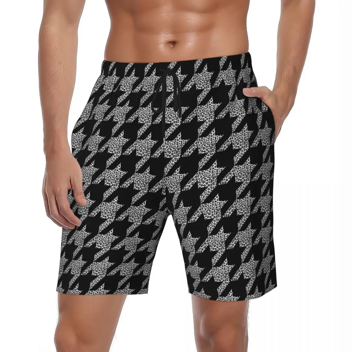 Summer Board Shorts Males Black Houndstooth Sports Fitness Cheetah Print Design Beach Shorts Vintage Breathable Swim Trunks