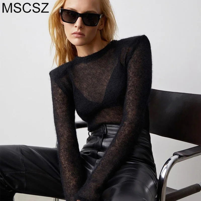 MSCSZ-mulheres transparentes O-pescoço manga comprida malha top, suéteres cortadas finas, streetwear Y2K, jumper outono