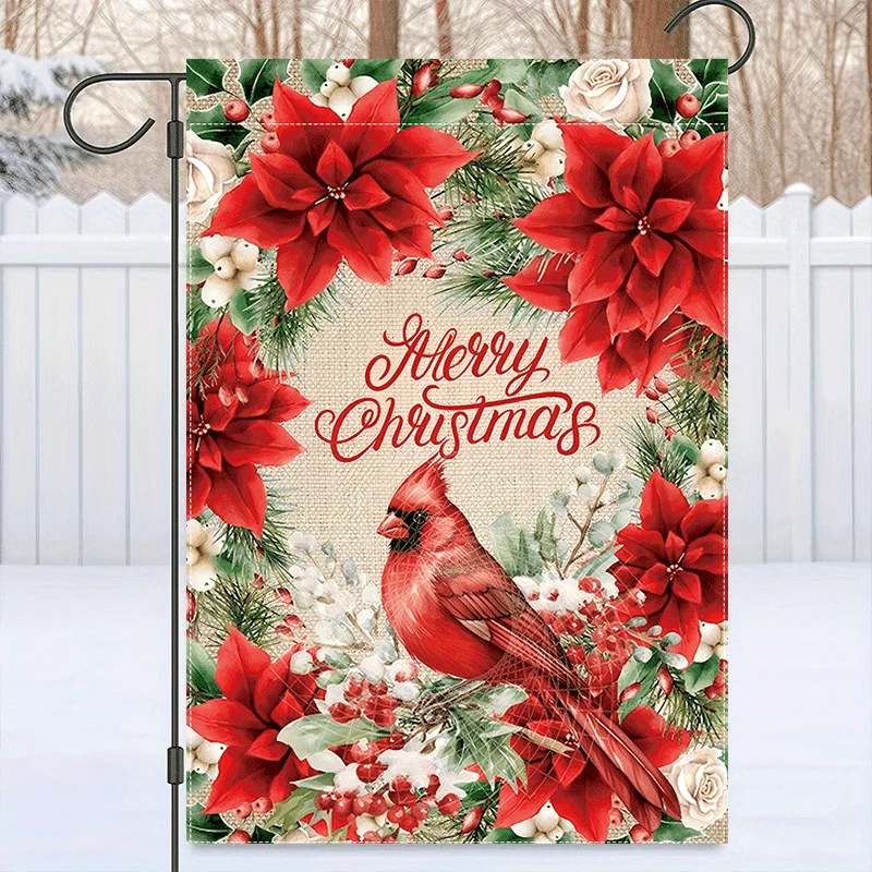 1pc Red Cardinal Poinsettia Christmas Garden Flag 12x18 Inch, Double-Sided Burlap Design with 
