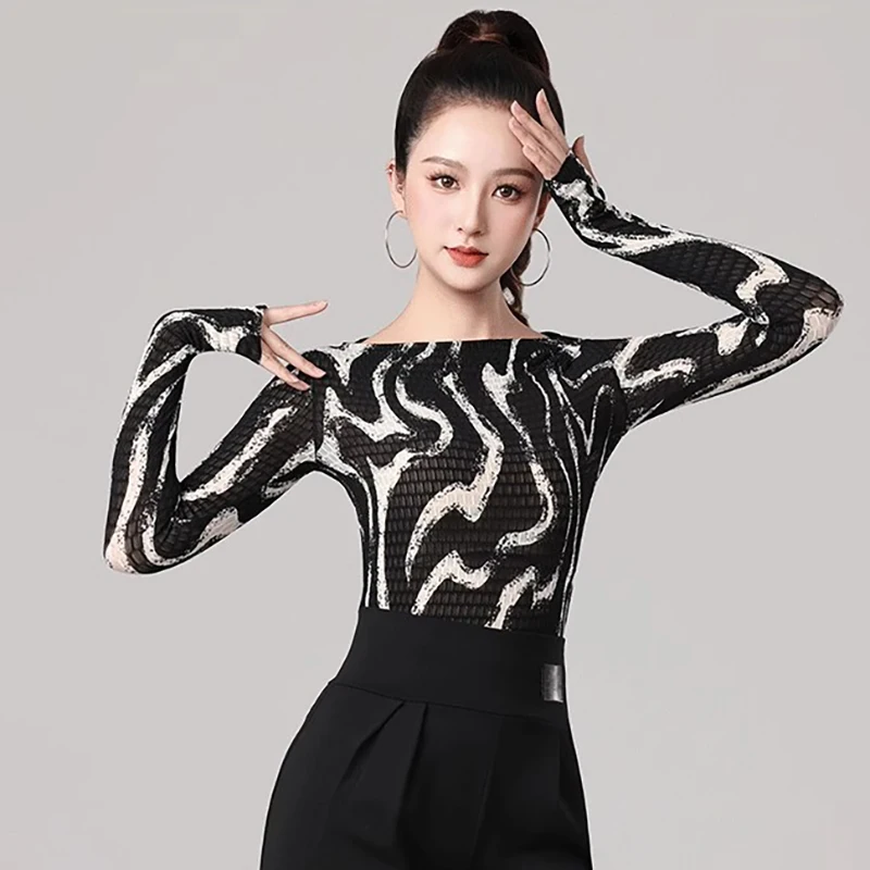 

Latin Dance Tops Female Adult 2025 Mew One-line Collar High-end Printing Ballroom Dance Long-Sleeved Modern Waltz Blouse Clothes
