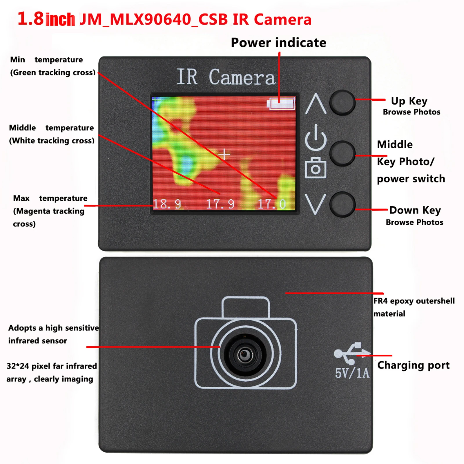 MLX90640จอแสดงผลดิจิตอลแอลซีดี1.8นิ้วกล้องถ่ายภาพความร้อนแบบพกพาพกพาเครื่องตรวจจับความร้อนเครื่องมือตรวจจับ USB แบบชาร์จไฟได้