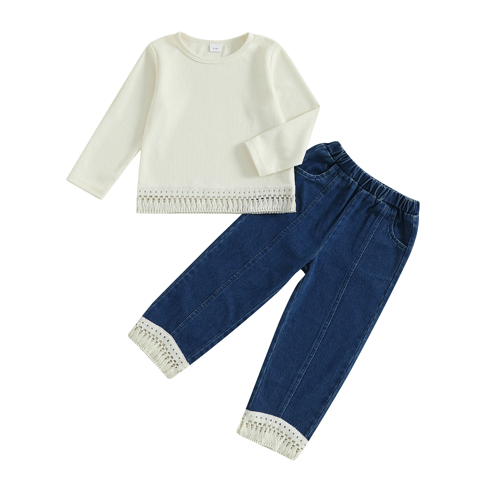 

Toddler Girls Fall Outfits Tassel Hem Long Sleeve Waffle Tops and Elastic Jeans Pants Set Baby 2 Piece Clothes