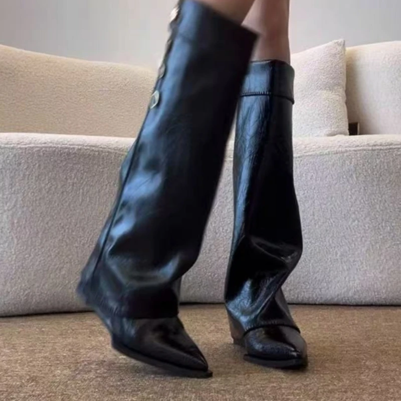 أنيق وعالي الجودة جلد ناعم حذاء برقبة للركبة النساء 2025 الخريف أحذية أنيقة نمط الشارع الحديثة التمهيد الطويل