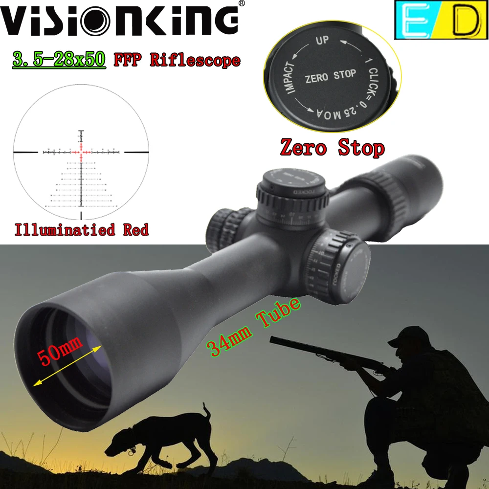 

Visionking 34 мм трубка 3,5-28x50 FFP охотничий прицел ED Len 0,25MOA с подсветкой и боковой фокусировкой тактический снайперский прицел с нулевой остановкой .338