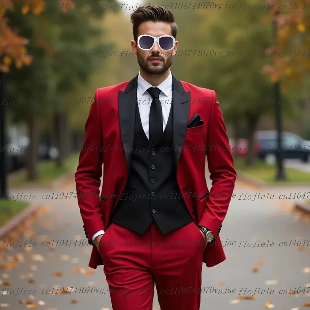 New Red And Black Men Suit Formal Wedding Party Groom Business Male Tuxedos Customized 3 Piece Set Jacket Vest Pants