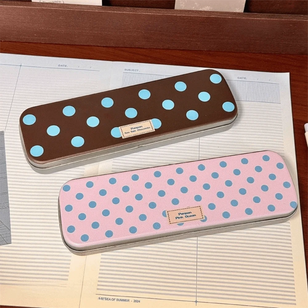 Polka Dot Pattern Metal Pencil Case Cartoon Pattern Long Rectangular Shape Tin Pencil Box Portable Vintage Style