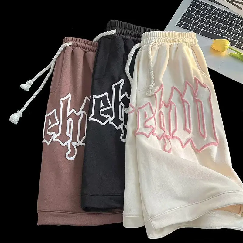 Street Casual Men Loose Youth New Fashion High Street Straight Cylinder Summer Solid Color Letter Printing Comfortable Shorts