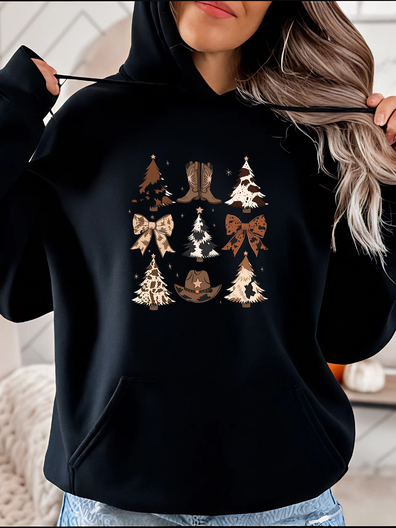 

Рождественская елка и ковбойские сапоги Толстовка с принтом в западном праздничном стиле с леопардовым бантом и дизайном шляпы для женщин Повседневная зимняя одежда