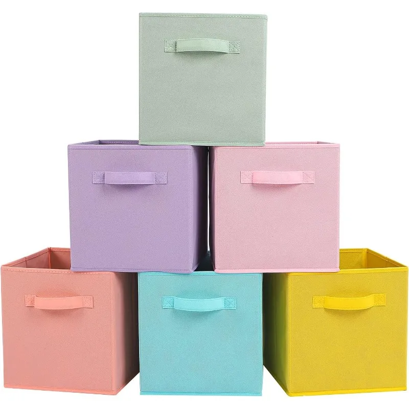 Fabric Storage Bins 6 Pack Fun Colored Durable Storage Cubes with Handles Foldable Cube Baskets , Closet Organization Cyan