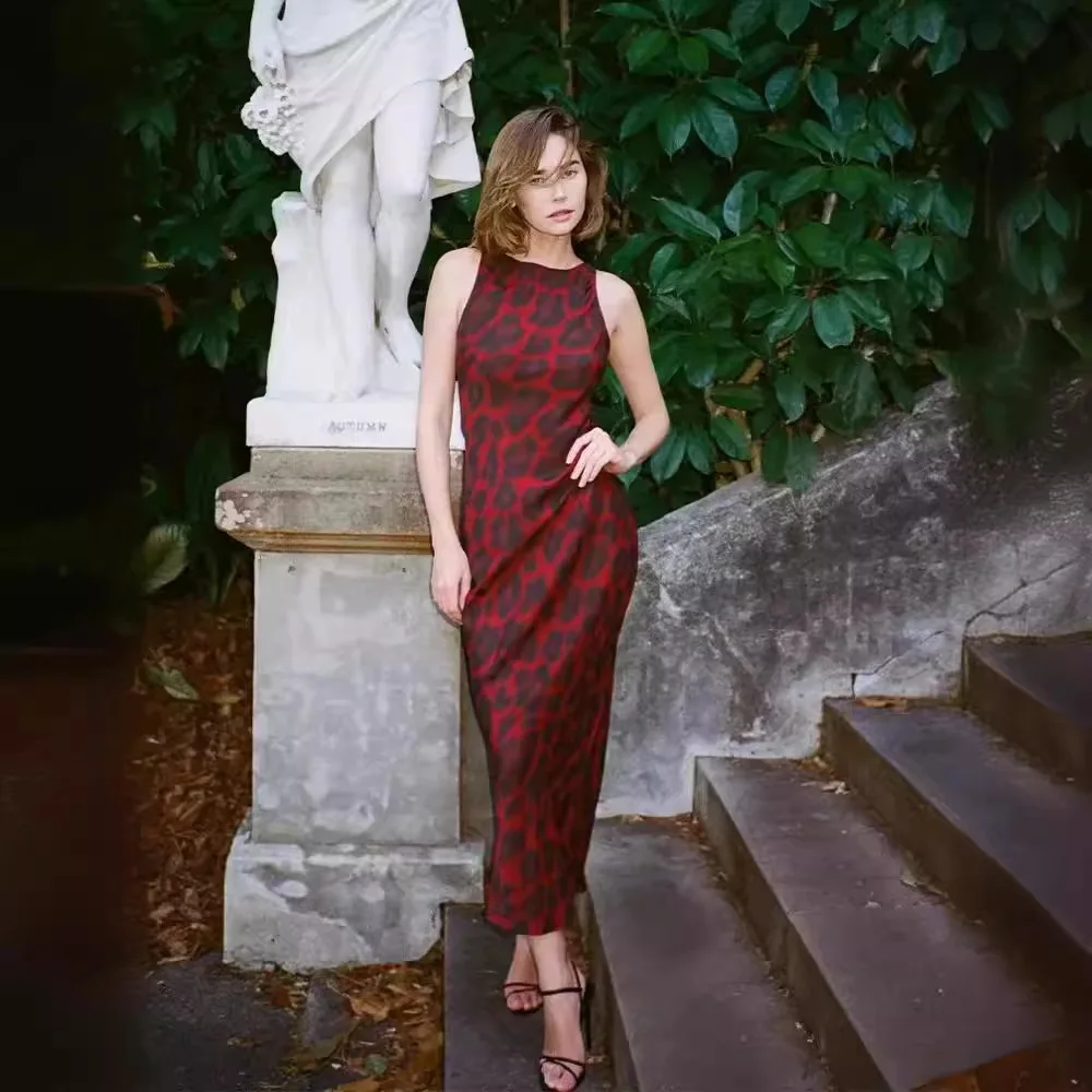 

Ele Red Leopard Print Silk Slim Fit Svel Boat Ne Gown Asymmetrical Hem A-Line Dr Spring Summer New Arrival