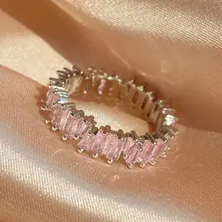 ZAKOL Fashion Pink Baguette Women's Rings Shiny T Shape Crystal Men Ring Punk Party Jewelry