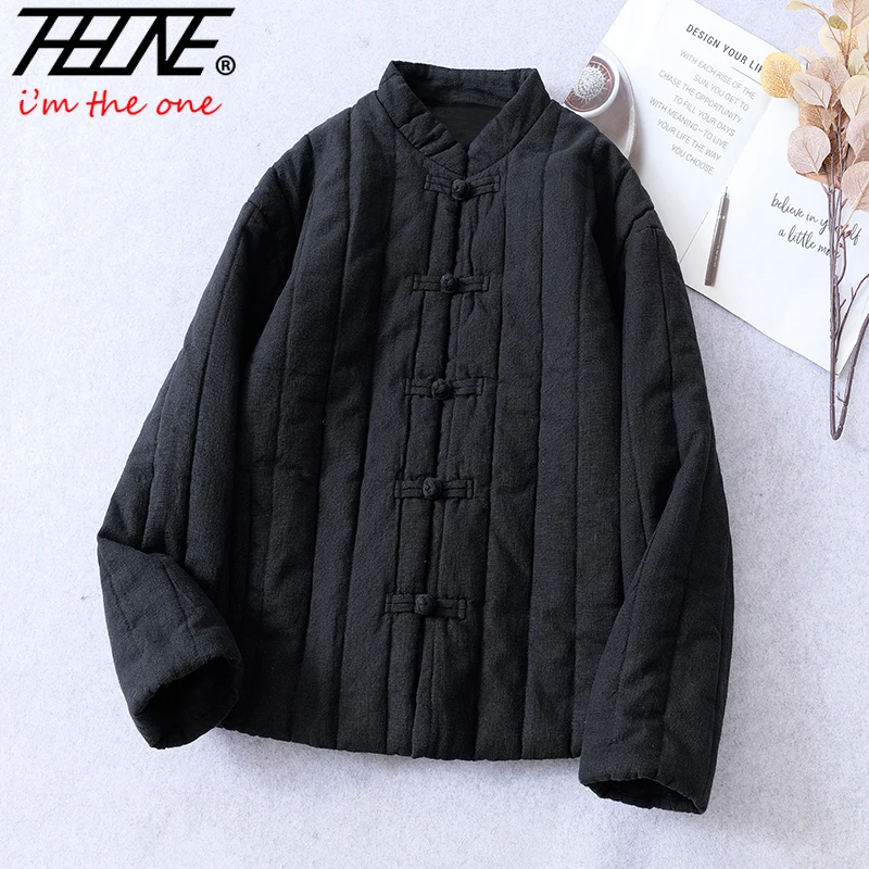 THHONE Autumn Winter Jacket Parkas for Women Clothes Thicken Padded Coat Stand Collar Buckle Casual Loose Chinese Style Buckle