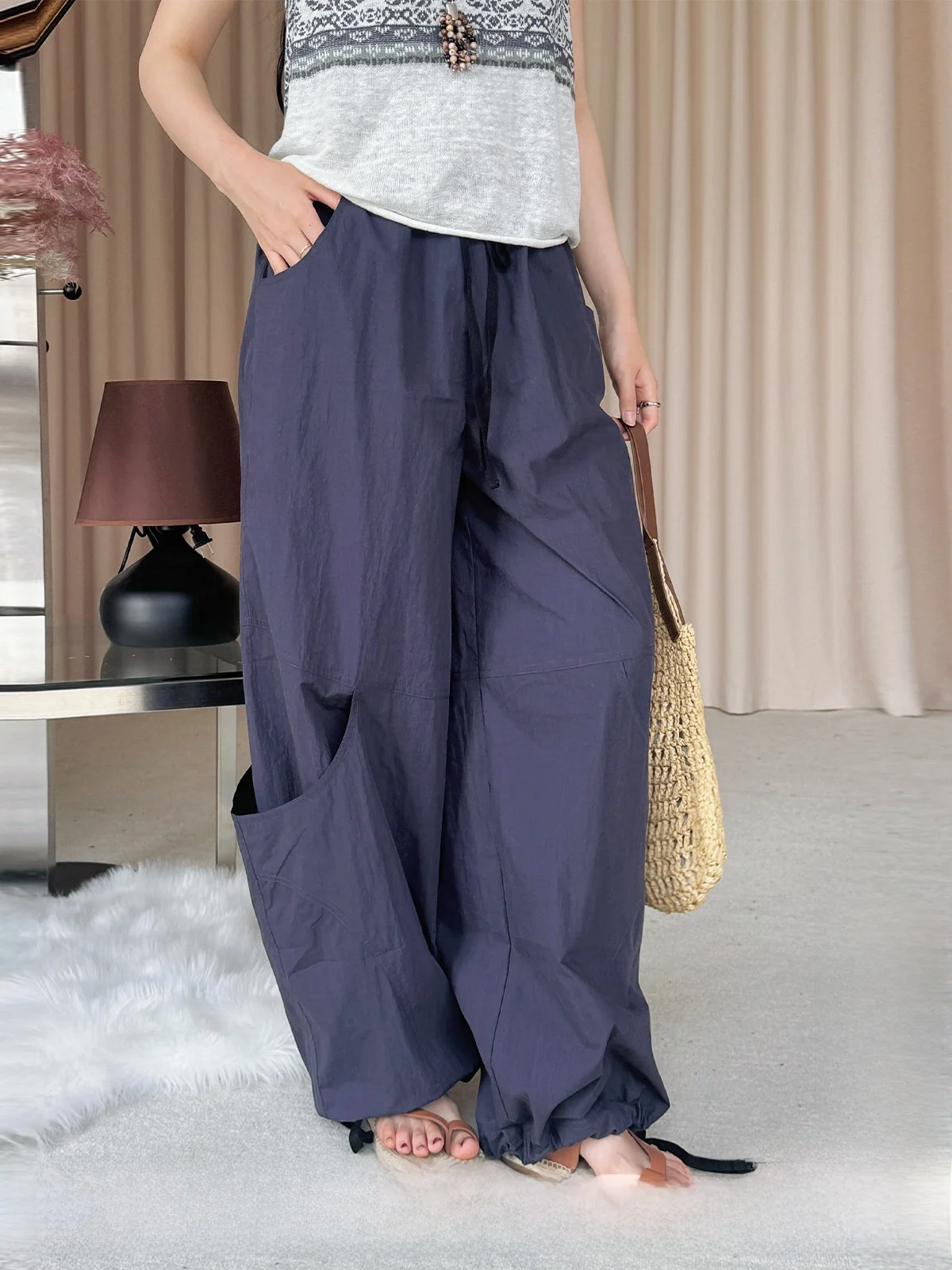 

Brand Casual Pants with Big kets Spring Summer Straight Leg Wide Leg Pants l Waist Cotton 00%