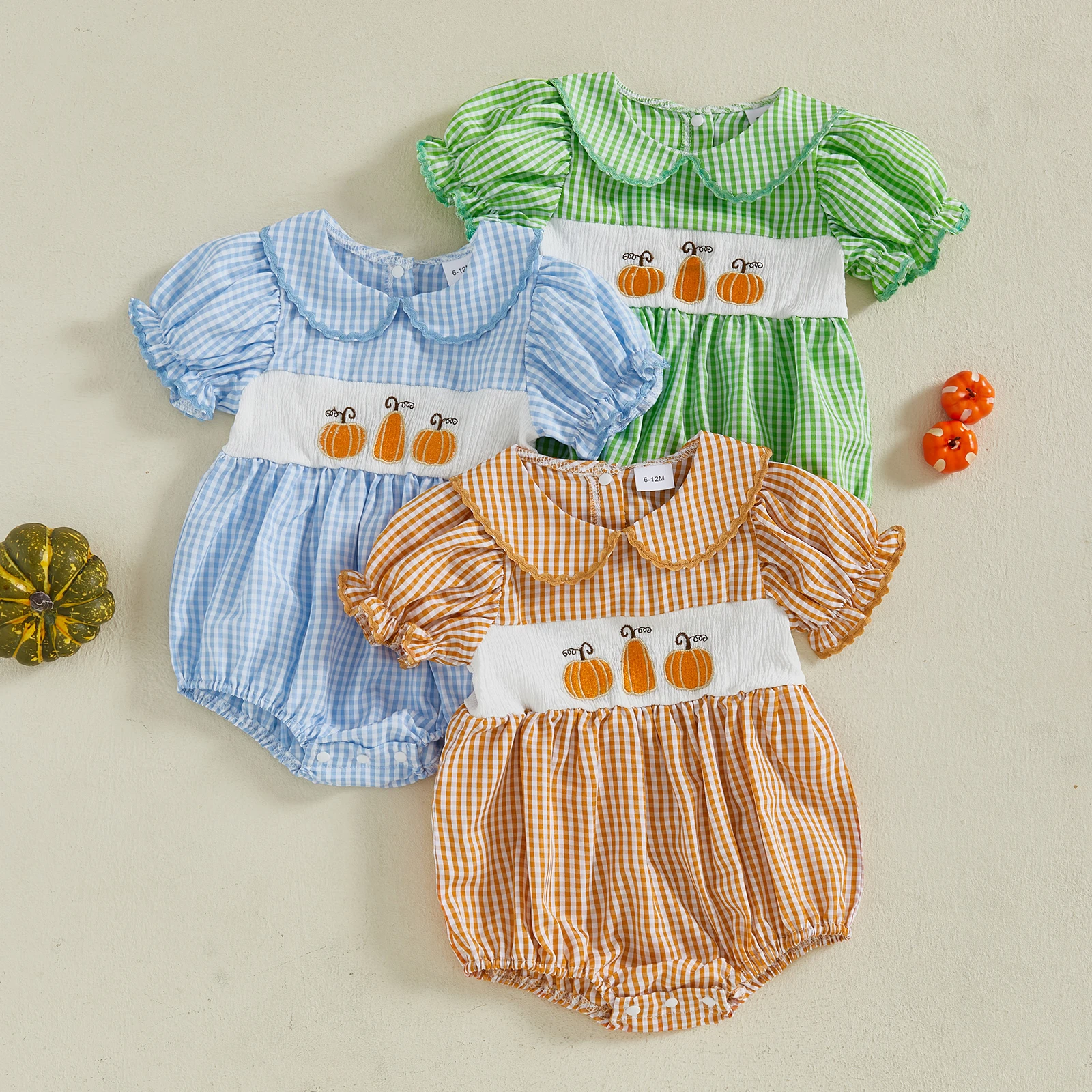 

SUNSIOM 0-18 Months Baby Girl Halloween Romper Pumpkin Embroidery Plaid Doll Collar Short Sleeve Jumpsuit for Fall
