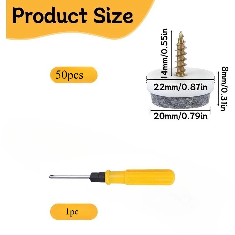 50 felt glider screws 22mm felt glider for screw chair slider (with screwdriver)suitable for protecting furniture,chairs,floors