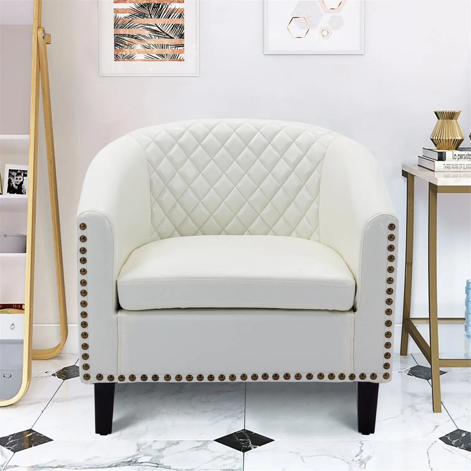 COOLMORE accent Barrel chair living room chair with nailheads and solid wood legs white pu leather