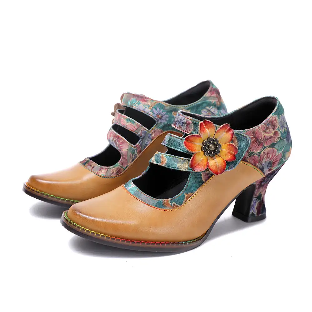 

Socofy Raffan Leather Flower Decoration Embroidered Genuine Leather Pointed Toe Handmade Ladies Shoes High Heeled Sandals