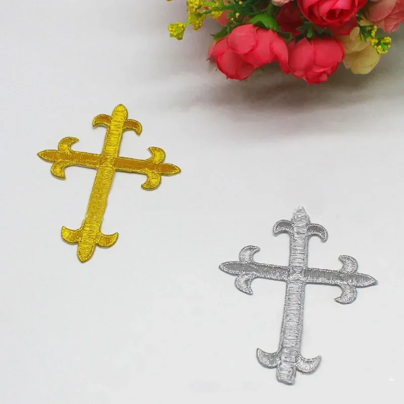 5Pcs Gold Jesus Crosses Embroidery Patches Lace Fabric Decoration Church Appliqued Lace Trims Iron On Badges Hat Bag Shoe Decor