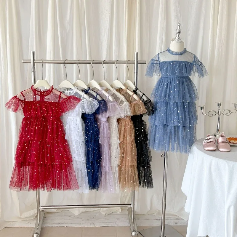 New Year Party 2026 Children Girls Fairy Dresses Flying Sleeve Star Sequin Cake Mesh Children's Puffy Princess Dress 12M-12T