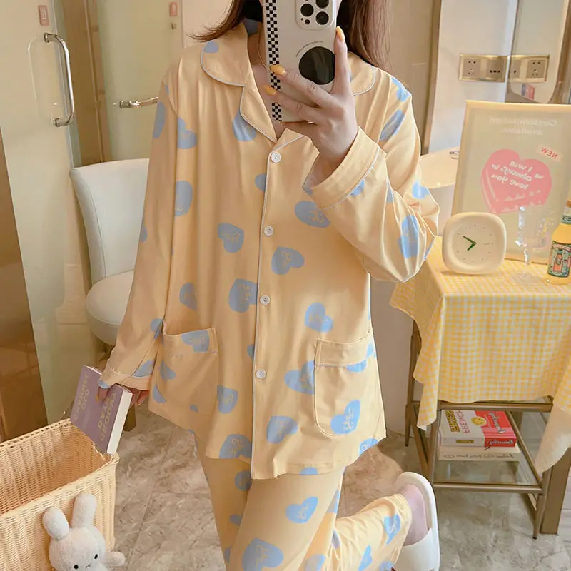 Simple Large Size Long-Sleeved Pajamas Set Spring Autumn New Women's Printing Lapel Homewear Suit 2024 Sweet Student Sleepwear