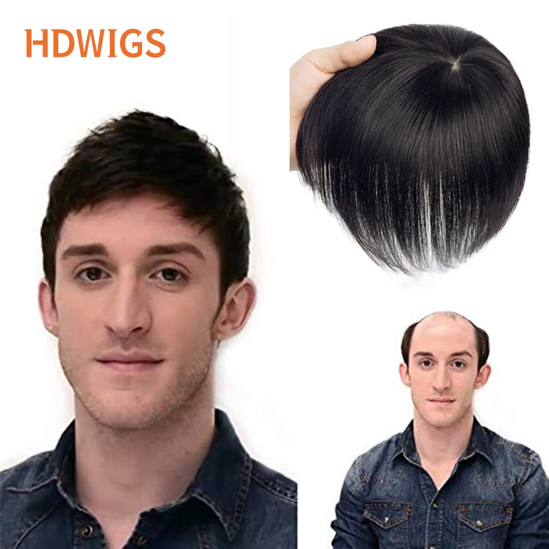 Straight Silk Base Men Toupee Human Hair Indian Remy Hairpiece Machine Made Human Hair Wig for Men  Clip in Topper Natural Color