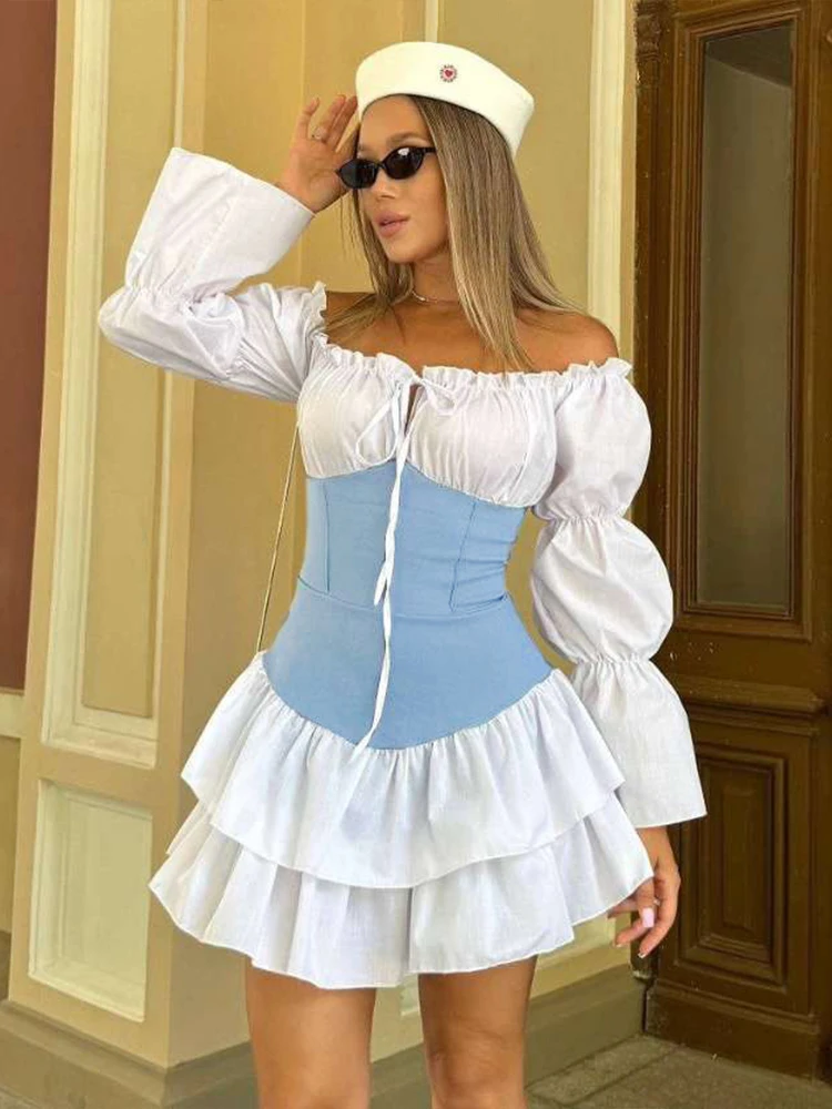 Estranho gato doce retalhos vestido feminino rendas até slash neck manga longa puff magro baixo aumento em camadas strecth elegante mini bodycon