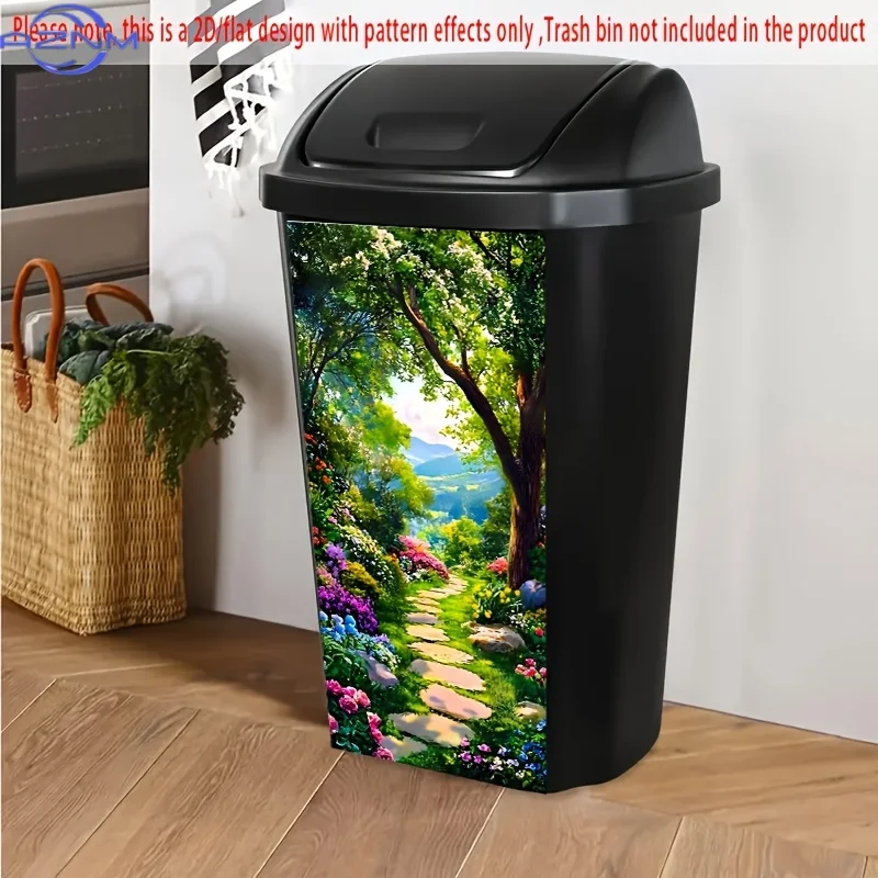 Art Deco Style Garden Path Trash Can Sticker, Polyvinyl Chloride Material, 37.01x81.99 cm, with Flowers on Both Sides, Creativ