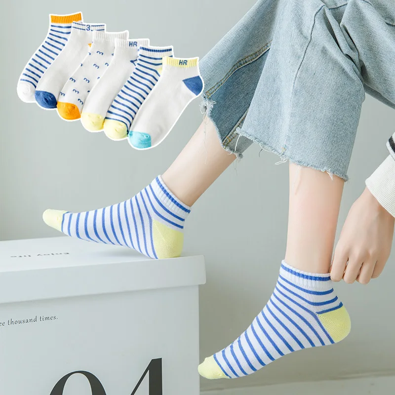 6 pairs of women's spring and summer seasonal striped plaid fashionable trend, simple and comfortable sports style socks